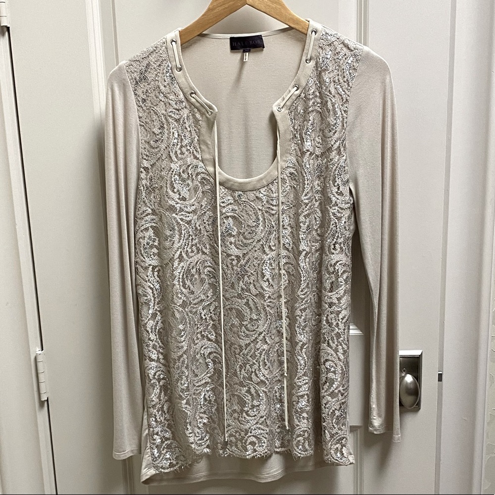Hale Bob tan lace overlay tunic top size M